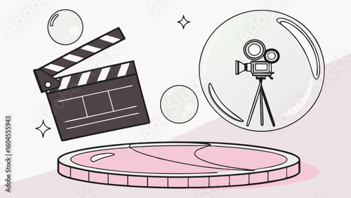 Film Production Elements Featuring Clapperboard and Vintage Camera with Bubbles