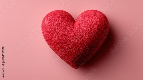 Soft textured red heart object on pink background conveying love and warmth.