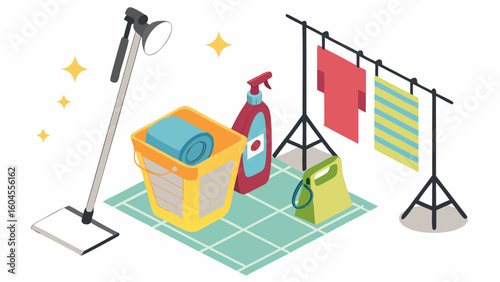 Home Laundry Setup with Cleaning Supplies and Hanging Clothes in Bright