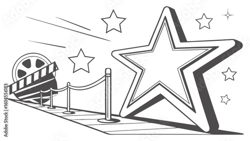 Illustration of a Star and Movie Clapperboard with Red Carpet and Spotlight