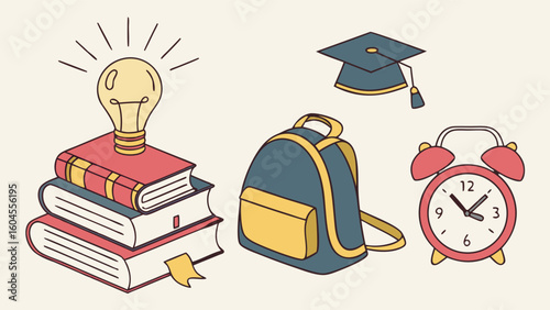 Illustration of Educational Elements: Books, Backpack, Graduation Cap and Alarm