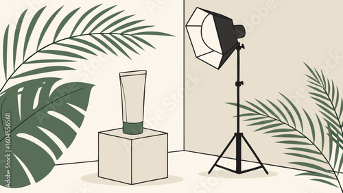 Minimalist Interior Decor with Tropical Leaf and Studio Light in Soft Colors