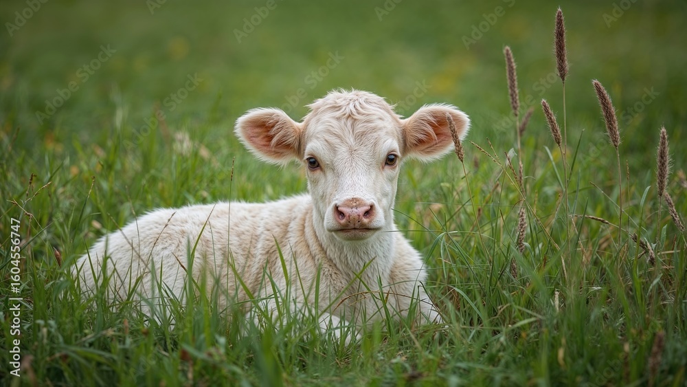 Obraz premium Lovely Little Calf Sitting on Rich Green Field