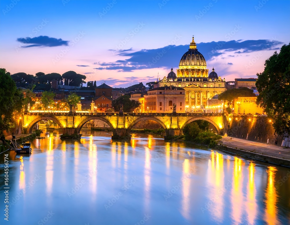 Fototapeta premium Illuminated Roman cityscape at dusk