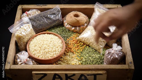 Wooden box filled with lentils, beans, rice, and a baked good. Some items are individually bagged in plastic. The box has the word 