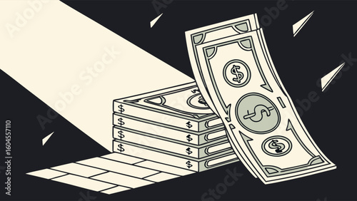 Stacks of Currency Notes Highlighted by Rays of Light on a Dark Background