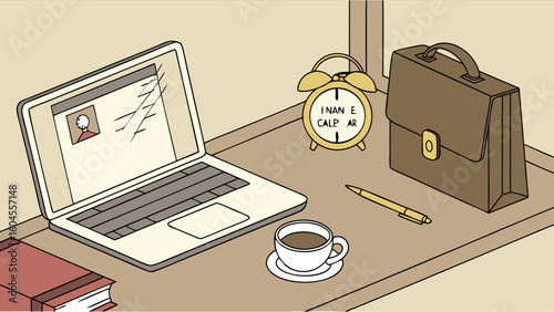 Stylish Workspace Featuring Laptop, Coffee, Alarm Clock, and Briefcase on Desk