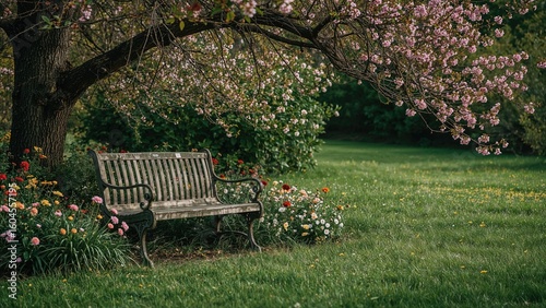 Wooden bench decorated with blooming flowers in a natural outdoor setting