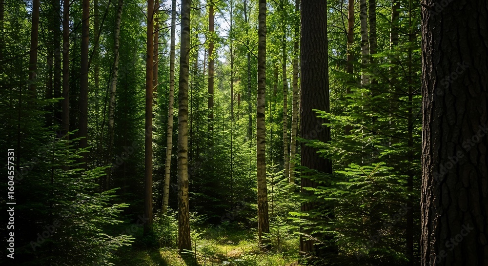 Fototapeta premium Sunlight filtering through a dense forest.