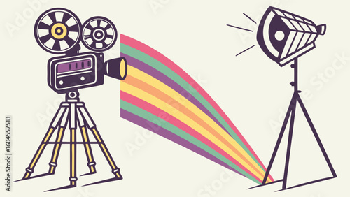 Vintage Film Camera and Spotlight Projecting Colorful Rainbow in Studio