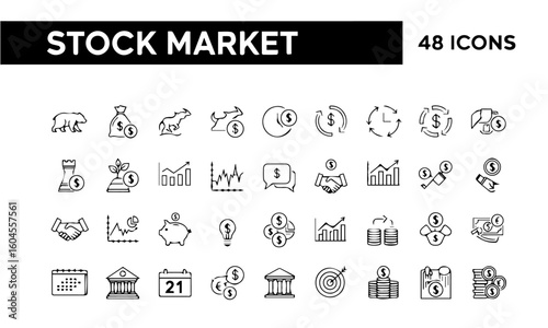 Stock market vector icon set with 48 icons