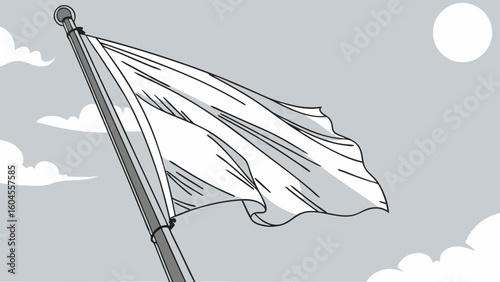 White Flag Gently Waving Against a Soft Blue Sky with Fluffy Clouds