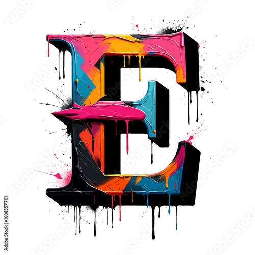 Vector art of colorful graffiti letter e with dripping paint on a white background