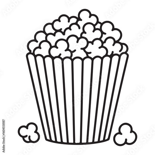 A bucket of popcorn with loose pieces on the ground line art