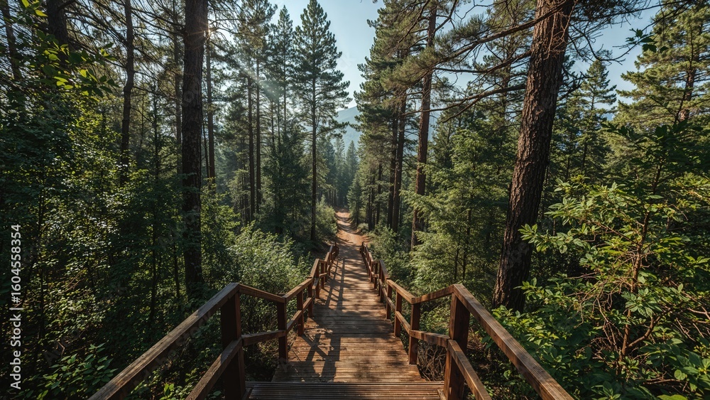 Fototapeta premium Pathway through pine trees and woodland