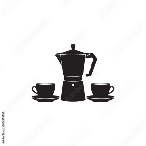 Black moka pot with two cups silhouette isolated on white background