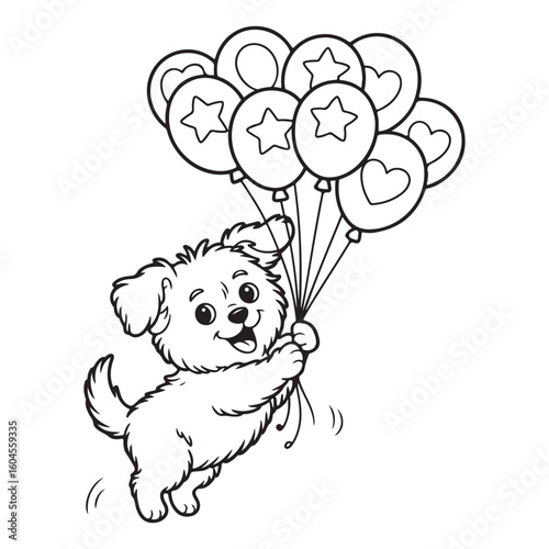 Cartoon dog flying with balloons black and white drawing
