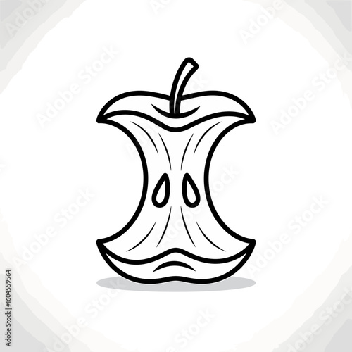 Apple core outline on white backdrop signifying waste consumption and the act of eating simple monochrome illustration