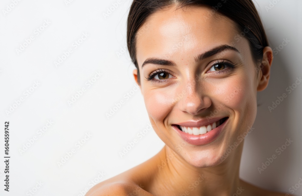 A woman with clear skin and a bright smile looking directly at the camera A woman with clear skin and a bright smile looking directly at the camera