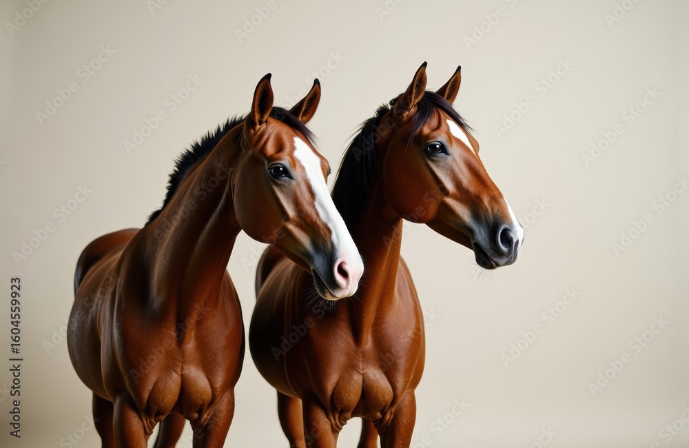 Obraz premium Two realistic brown horses with white markings on their faces stand side by side against a neutral background
