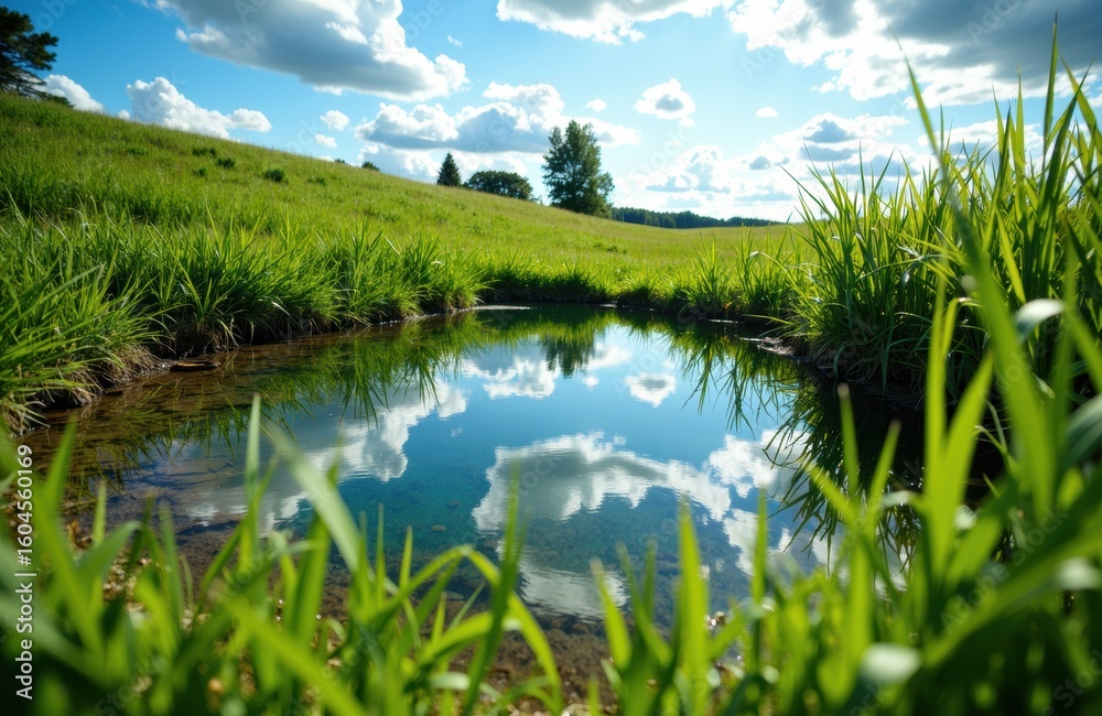 Obraz premium A peaceful pond reflects a bright blue sky with fluffy white clouds in a lush green landscape