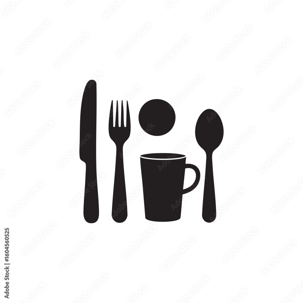 Dining utensils and mug silhouette isolated on white background Dining utensils and mug silhouette isolated on white background