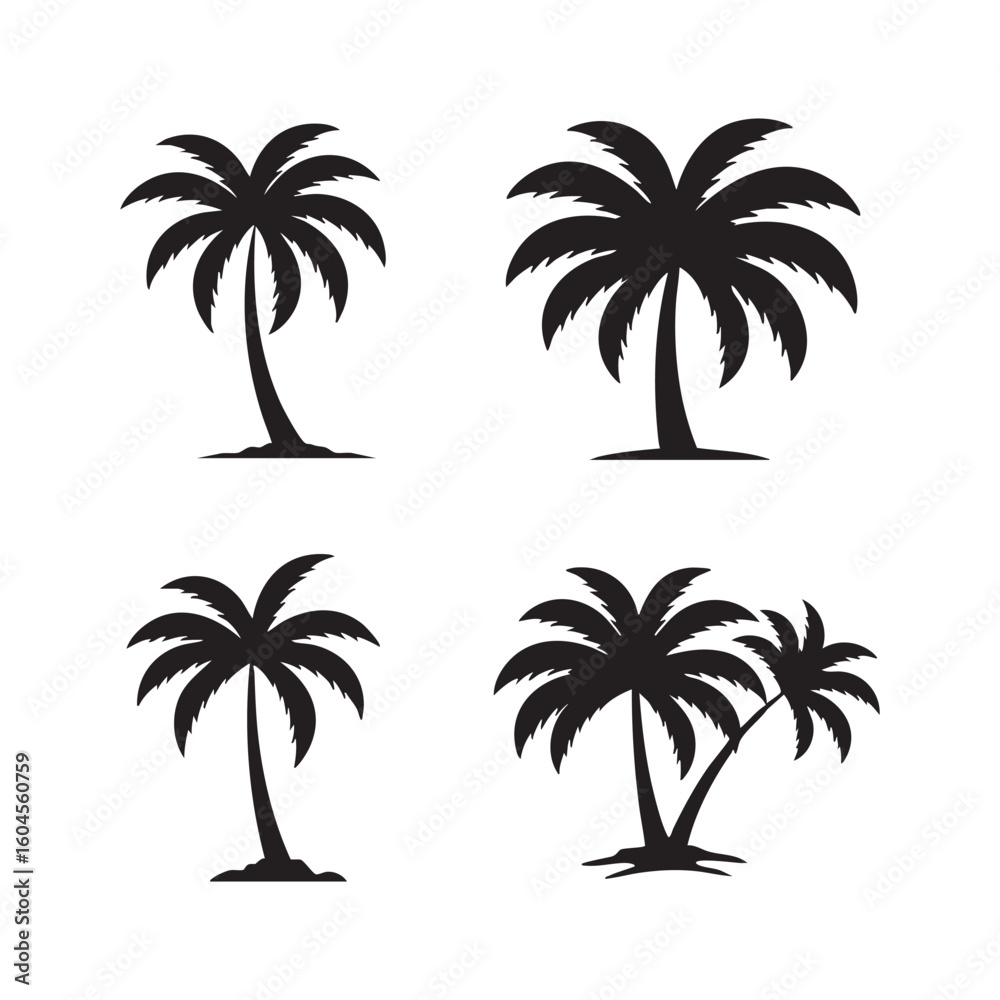 Fototapeta premium Four palm tree silhouettes isolated on white background
