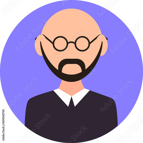 Cartoon Character of Bald Man in Goggles Icon on Purple Circle Shape.
