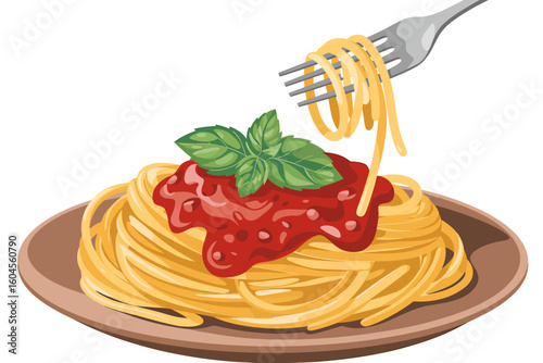 Delicious Spaghetti with Tomato Sauce and Basil on a Brown Plate Ready to Eat Illustration