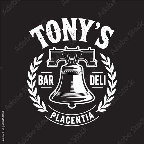 White version of the Tony’s logo with liberty bell and laurel wreath—clean branding design. vector illustration.