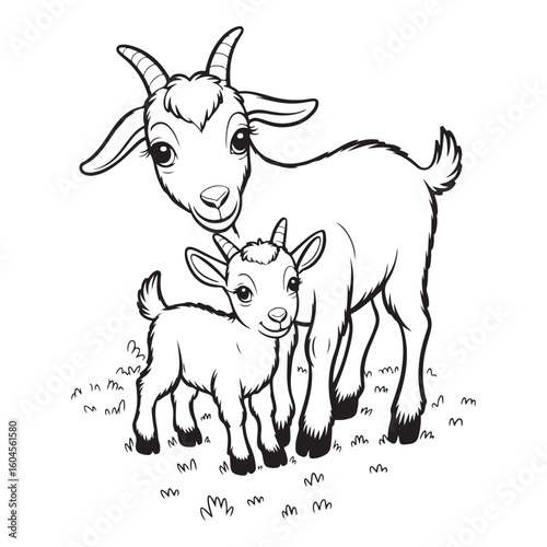 A cartoon drawing of a mother goat and her baby goat