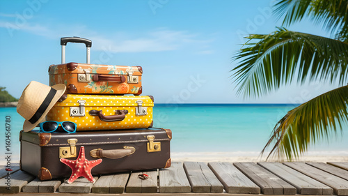 Vintage suitcases stacked on tropical beach for summer vacation travel and tourism holiday concept