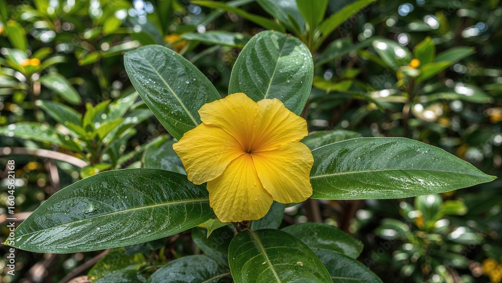 Obraz premium Evergreen Ornamental Plant Featuring Bright Yellow Allamanda Flowers from the Tropics