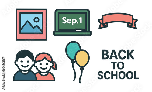 Back to school icons set featuring chalkboard, balloons, photo, ribbon, and children