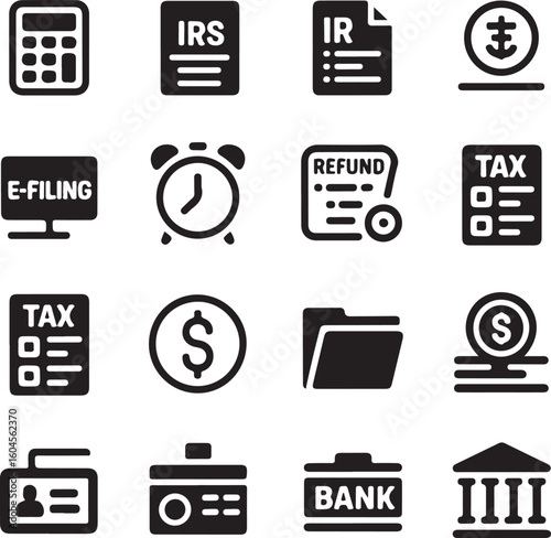Tax Return and Personal Finance Solid Icon Set Filled Vector Grid of Payment, Forms, Calculator, Deadline, Refund, E-Filing, and Income Tax Symbols