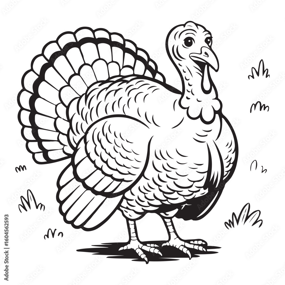 Fototapeta premium Illustration of a turkey with grass in black and white