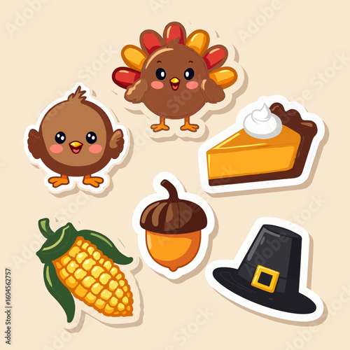 A collection of Thanksgiving themed stickers featuring a turkey, pie