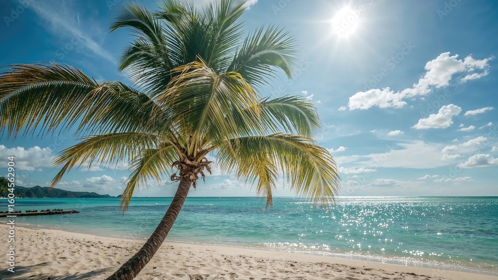 Obraz premium Seaside panorama showing a tree against water and bright sun