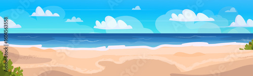 Panoramic view of nature landscape with sea and empty beach and a clear blue sky blending into the horizon. Vector Not AI generated
