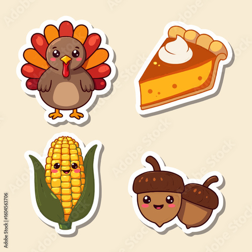 A collection of four holiday themed stickers featuring a turkey, corn, pie