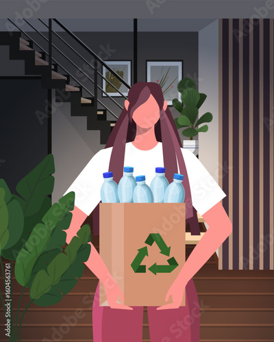 Portrait woman promoting sustainability by sorting garbage and holding a recycling box plastic bottles. Home-based environmental care and plastic reuse. Vector Not AI generated
