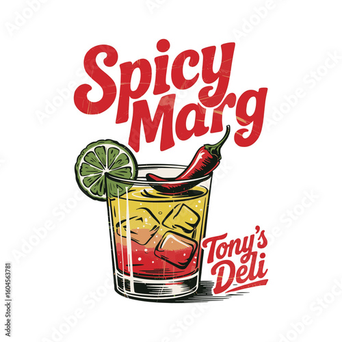 A refreshing spicy margarita cocktail with lime, chili, and branding text. Vector illustration design.