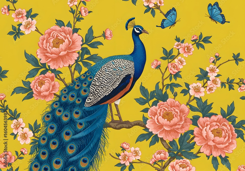 Naklejka premium Peacock floral pattern background design with butterfly and flower elements