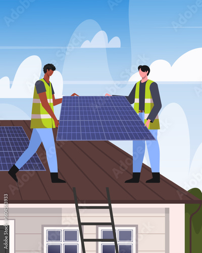 Illustration of workers installing solar panels on a rooftop. Sustainable renewable energy. Vector Not AI generated