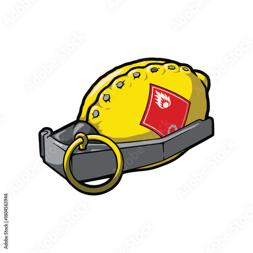 Creative yellow lemon grenade with keyring and tag, a bold fun object. Vector illustration design.