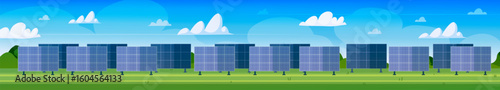 Solar panel farm on eco landscape. Concept of green technology and climate care. Design of web banner about alternative energy, renewable sunlight power. Vector Not AI generated