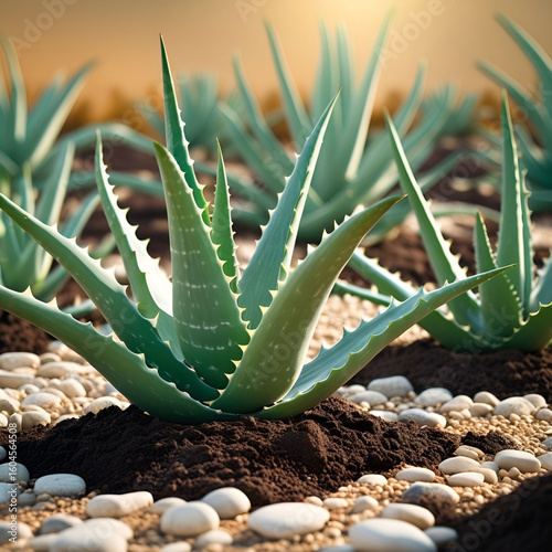 Fresh aloe vera plants with thick, fleshy green leaves.