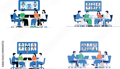Business meeting video conference illustration of office teamwork and online communication
