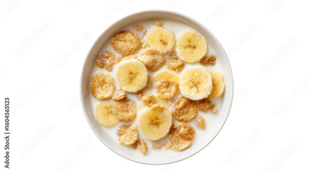 Delicious bowl of cereal with sliced bananas and milk, white isolated background Delicious bowl of cereal with sliced bananas and milk, white isolated background