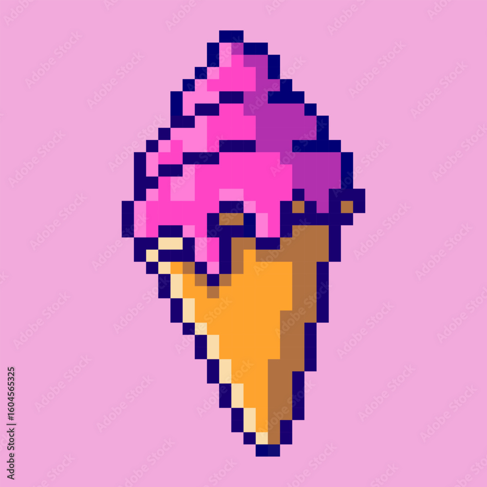Fototapeta premium Charming strawberry ice cream cone icon designed in a retro pixel art style. This classic 8-bit illustration features a scoop of strawberry-flavored ice cream in a crispy wafer cone